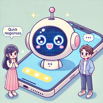 DALL?E 2024-11-05 17.05.45 - A Japanese anime-style illustration featuring a more cute and charming anthropomorphized chatbot character emerging from a smartphone screen. The bot .jpg