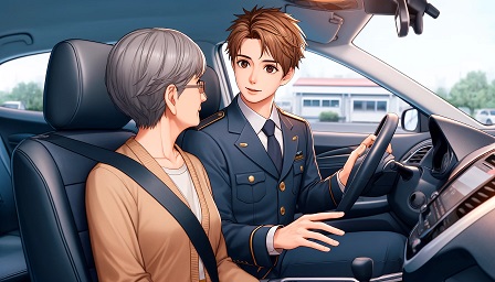 DALL?E 2024-05-29 15.15.23 - An anime-style scene inside a training car where an elderly driver receives advice from an instructor. The elderly driver is a woman with short grey h.jpg