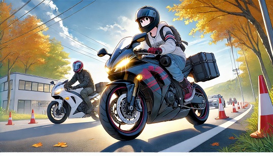 DALL?E 2024-08-10 17.35.49 - An illustration in the style of Japanese anime showing a motorcycle training scene on a driving course under a clear, refreshing autumn sky. In the fo.jpg