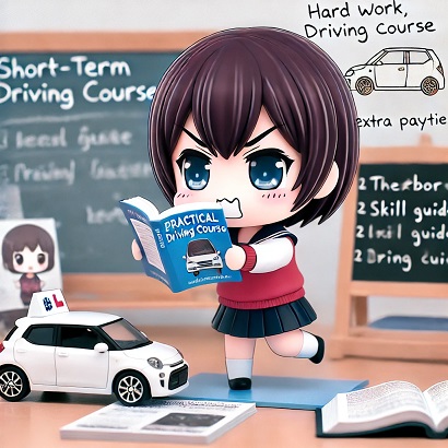 DALL?E 2024-09-12 18.06.41 - A cute, chibi-style Japanese anime illustration showing a determined student working hard to complete a short-term driving course. The female student,.jpg