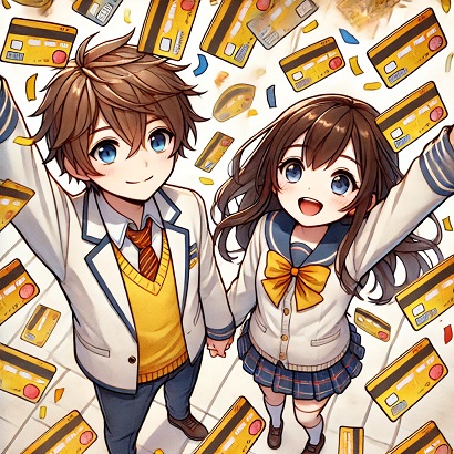 DALL?E 2024-11-14 12.37.52 - A cute, chibi-style illustration viewed from an overhead angle, showing a young man and woman dressed as students, joyfully standing with arms raised .jpg