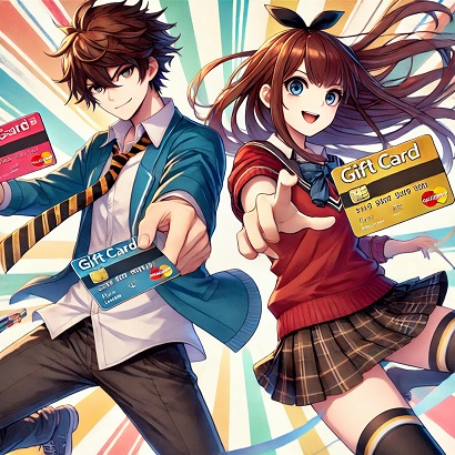 DALL?E 2024-12-13 12.29.25 - A Japanese anime-style illustration featuring two student characters, one male and one female, holding gift cards in a dramatic duel pose similar to a.jpg