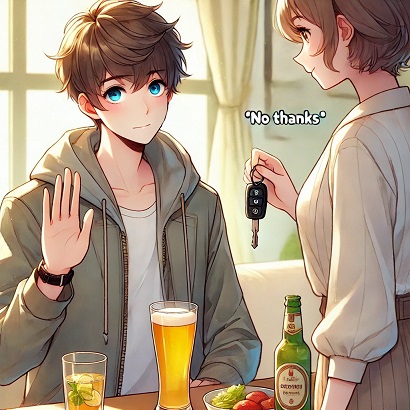 DALL?E 2024-12-17 14.17.58 - A Japanese anime-style illustration showing a young man politely declining a drink offered by a friend at a casual gathering. The young man looks conf.jpg