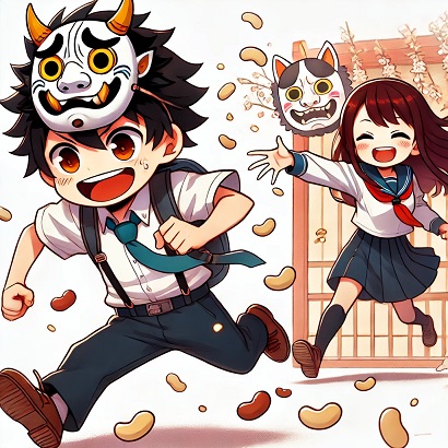 DALL?E 2025-01-31 10.59.51 - A cute and playful illustration in a chibi-style anime art of a male student wearing a school uniform, running around with an oni mask perched on his .jpg