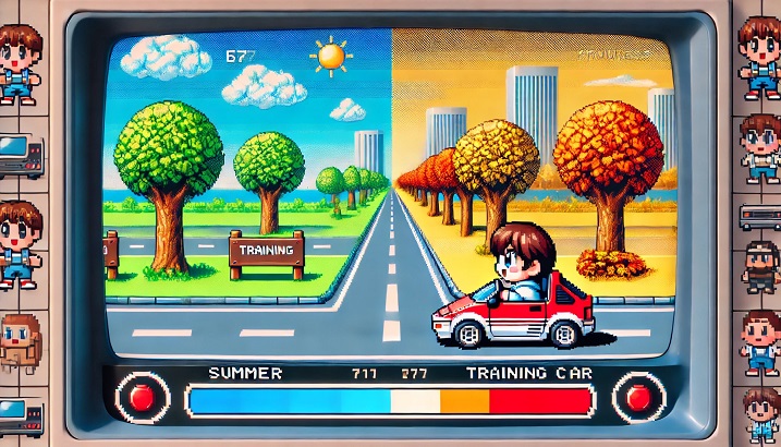 DALL?E 2024-06-21 19.04.10 - A retro game-inspired scene with a chibi (super-deformed) character and a cute, compact training car. The scene shows the character and the car progre.jpg