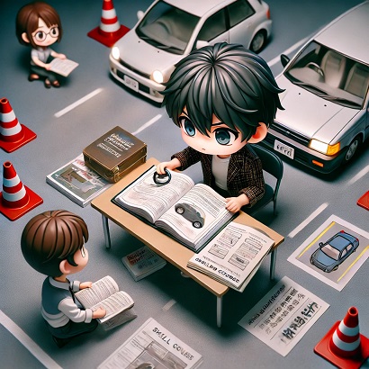 DALL?E 2024-09-13 15.52.14 - A dramatic, chibi-style Japanese anime illustration showing a determined student working hard to complete a short-term driving course, viewed from a h.jpg