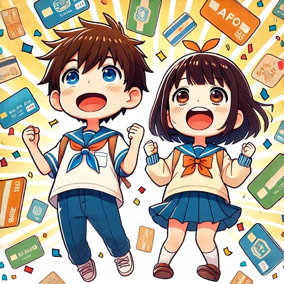 DALL?E 2024-10-29 14.29.18 - A Japanese anime-style illustration featuring 2.5-head-tall, chibi elementary school boy and girl characters, looking up and jumping with joy amidst a.jpg