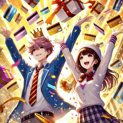 DALL?E 2024-11-14 12.37.48 - A vibrant, anime-style scene of a young man and woman dressed as students, standing joyfully with arms raised under a shower of floating gift cards th.jpg