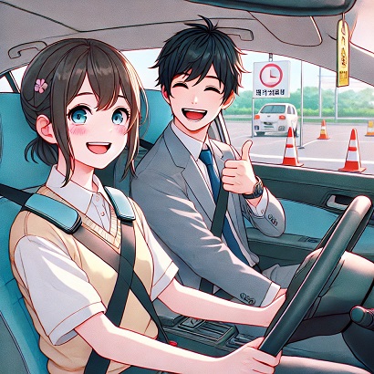 DALL?E 2024-12-20 10.19.22 - A Japanese anime-style illustration depicting a cheerful and friendly moment inside a driving school training car, with the instructor on the correct .jpg