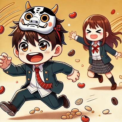 DALL?E 2025-01-31 10.59.48 - A cute and playful illustration in a chibi-style anime art of a male student wearing a school uniform, running around with an oni mask perched on his .jpg